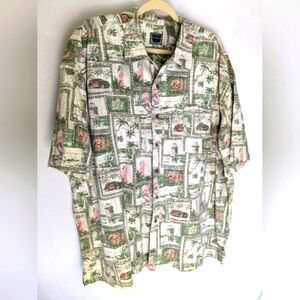 American Blue Men's Shirt Tropical Beach Green Beige Collared Size 2 XL O-2
